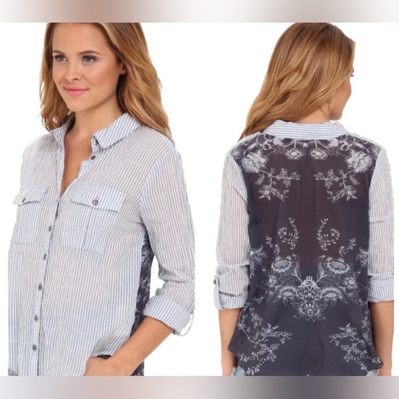 EUC Free People Button Front Blouse-Striped with Sheer Back-3/4 Roll up Sleeves - Picture 15 of 15